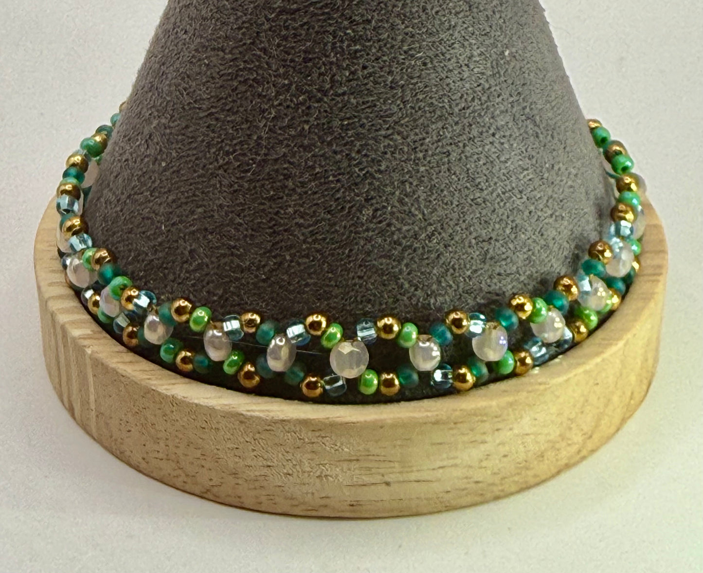Green & Gold Beaded Bracelet 7.75” | Crystal Glass Clasp Bracelet | Aqua & Emerald Two-Strand Bracelet | Handmade Jewelry Gift for Her