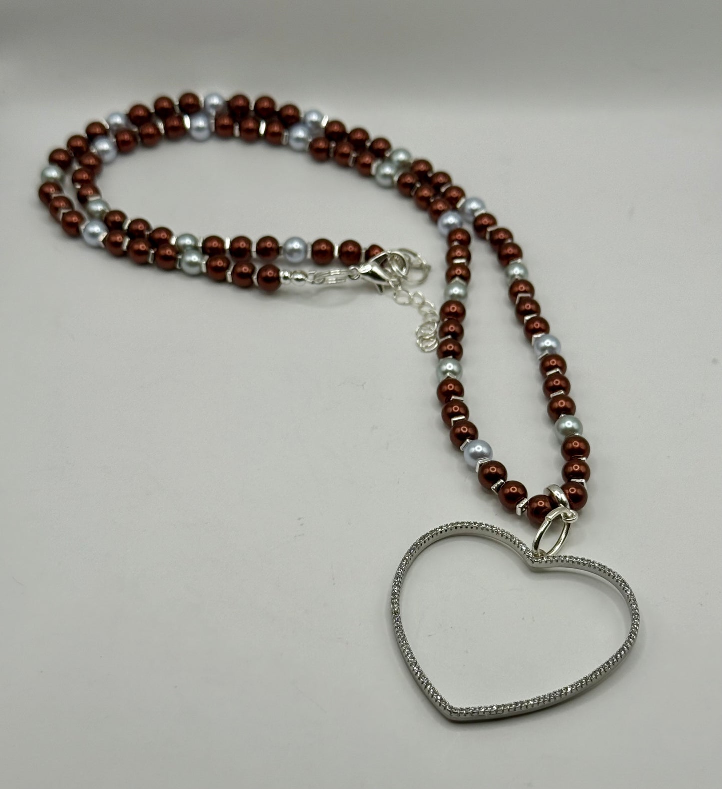 Ivory & Burgundy Glass Pearl Necklace – 26” Beaded Heart Pendant – Handmade Statement Jewelry – Elegant Gift for Her – Anniversary Necklace