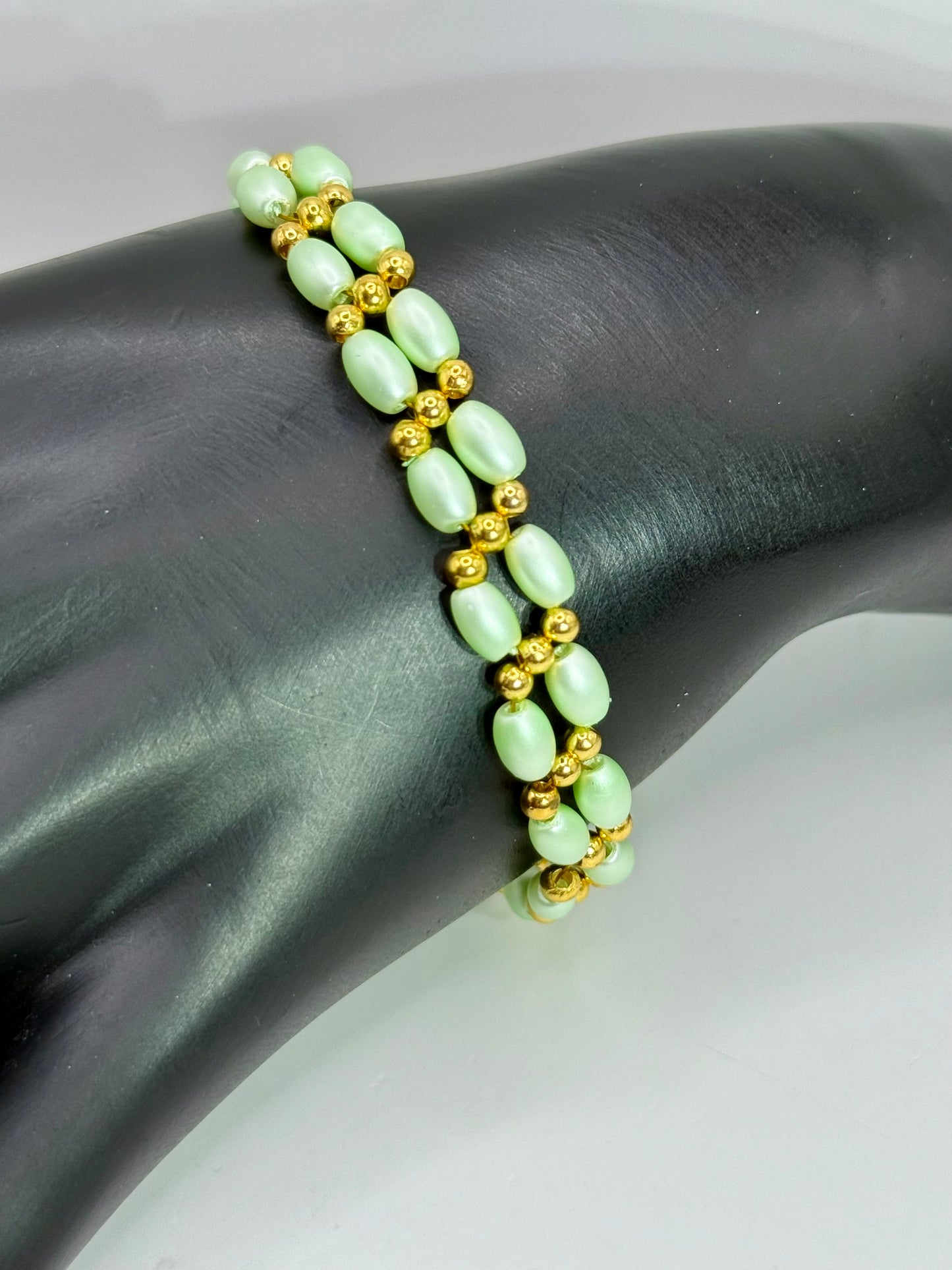 7.5” Double Banded Rice Bead Bracelet with Gold Accents | Mint Green Beaded Jewelry | Handmade Adjustable Bracelet