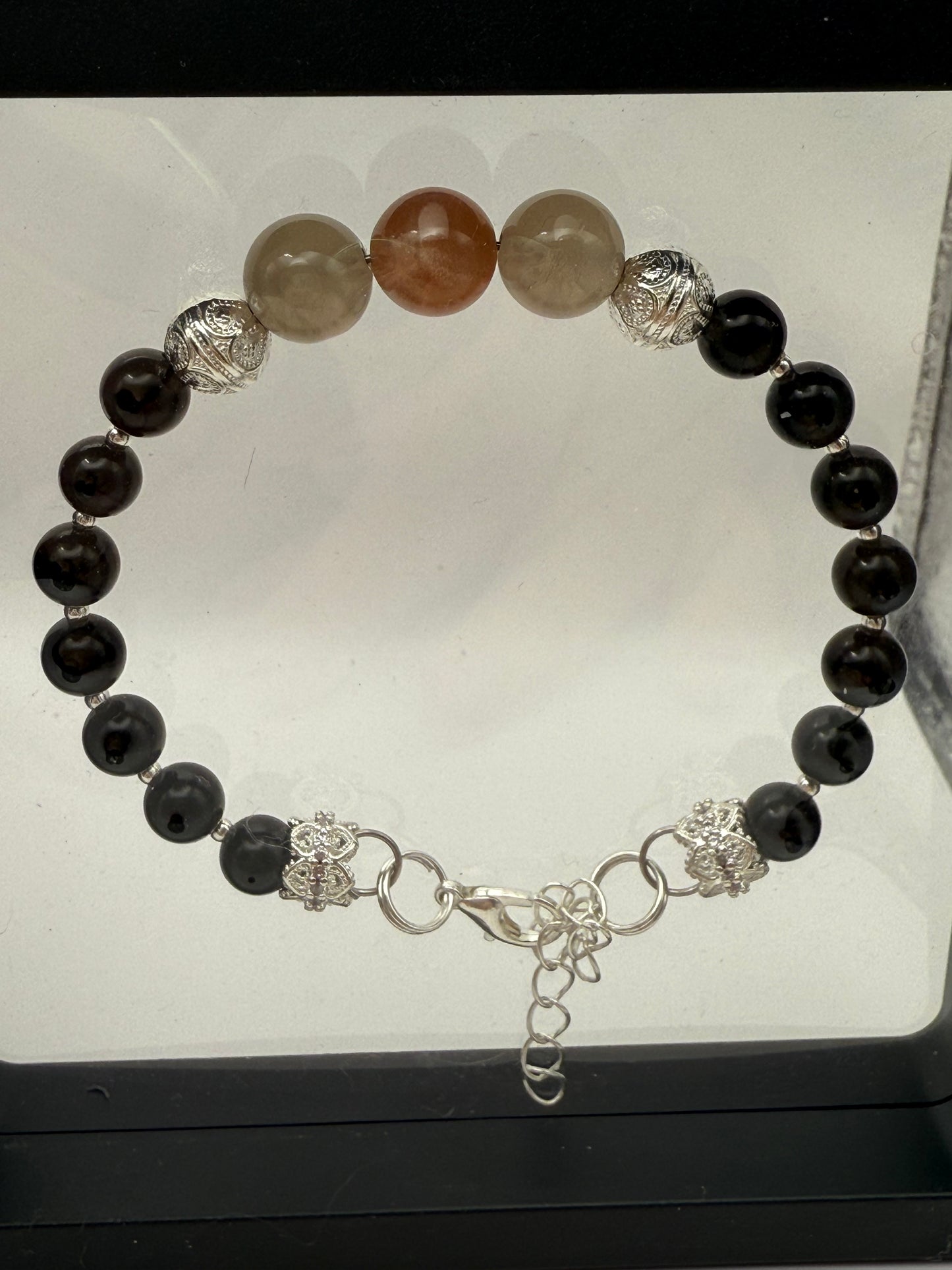 Onyx Bracelet with black and pink moonstone focal 7.25-7.5"