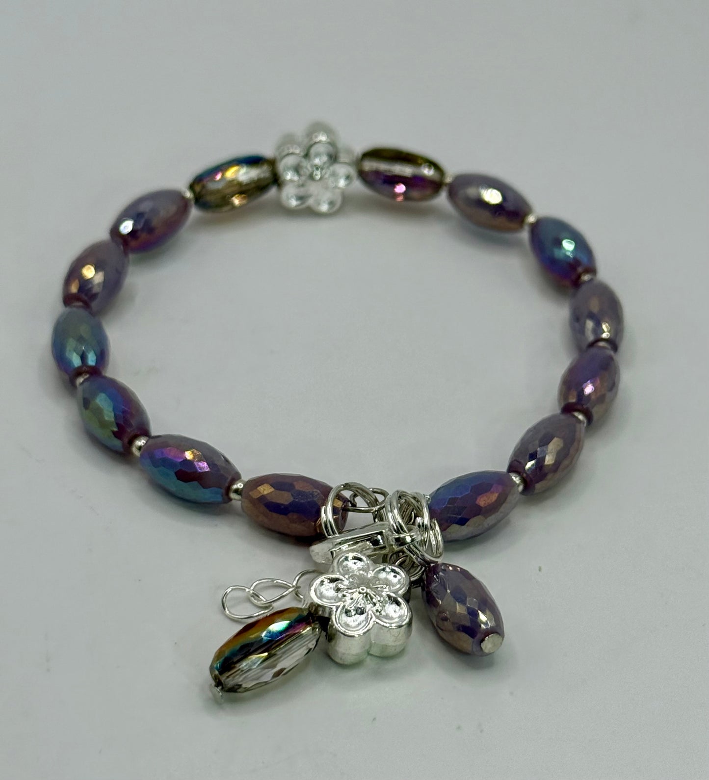 Iridescent Purple and Bronze Glass Bead Bracelet with Silver Flower Charm – 7.75” Clasp Bracelet, Handmade Gift for Her – Free Resizing