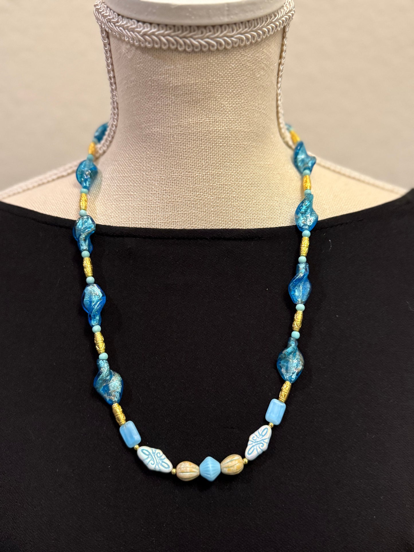 Czech Glass Necklace 22 Inch | Blue Glass Beaded Necklace | Handmade Statement Necklace | Coastal Jewelry | Gift for Her