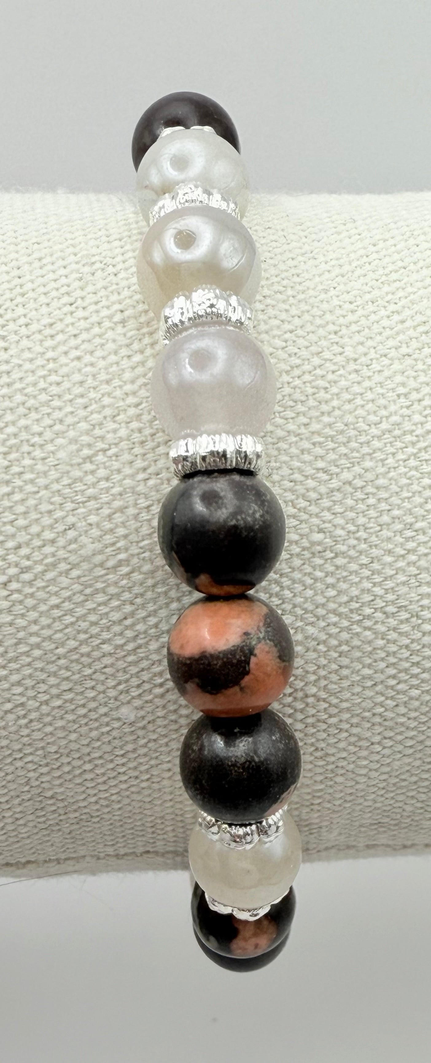 Snowflake Jasper and Ivory Sunstone Bracelet 7.5"-7.75"