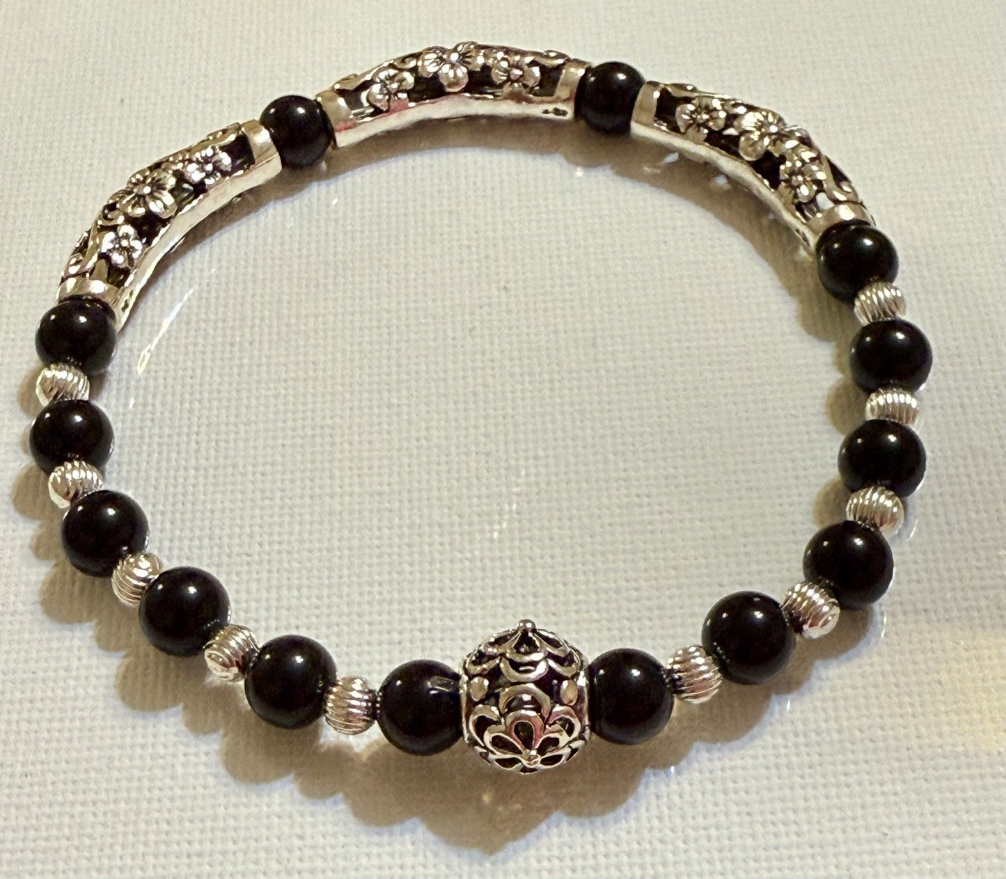 Black Agate and Silver Floral Stretch Bracelet 7.75"