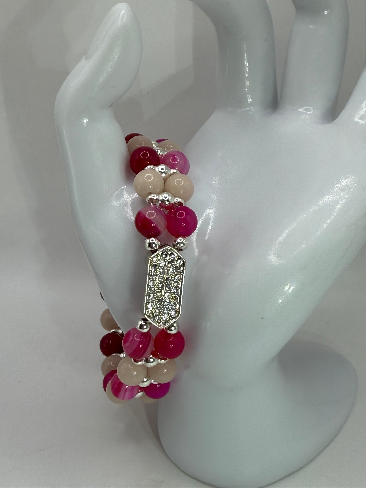 Banded Pink Agate & Luminous Stone Double Bracelet | 8” Adjustable Glow in the Dark Jewelry
