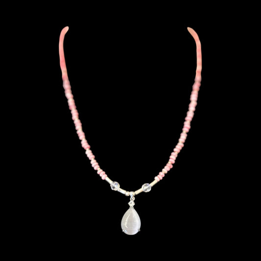 Pink Opal & Moonstone Necklace Set, 20” Teardrop Moonstone Necklace with Matching 7.5” Stretch Bracelet