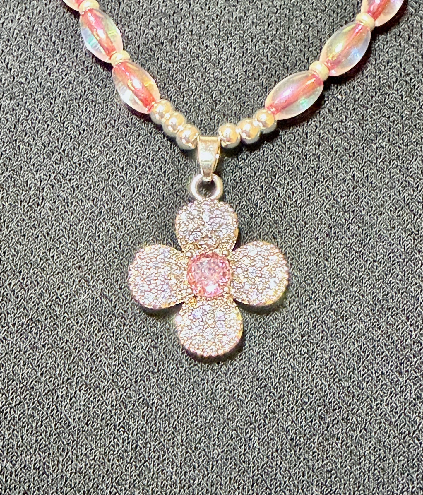 Pink Iridescent Beaded Necklace Set | 22” Necklace + Coordinating Wrap Bracelet | Floral CZ Charm