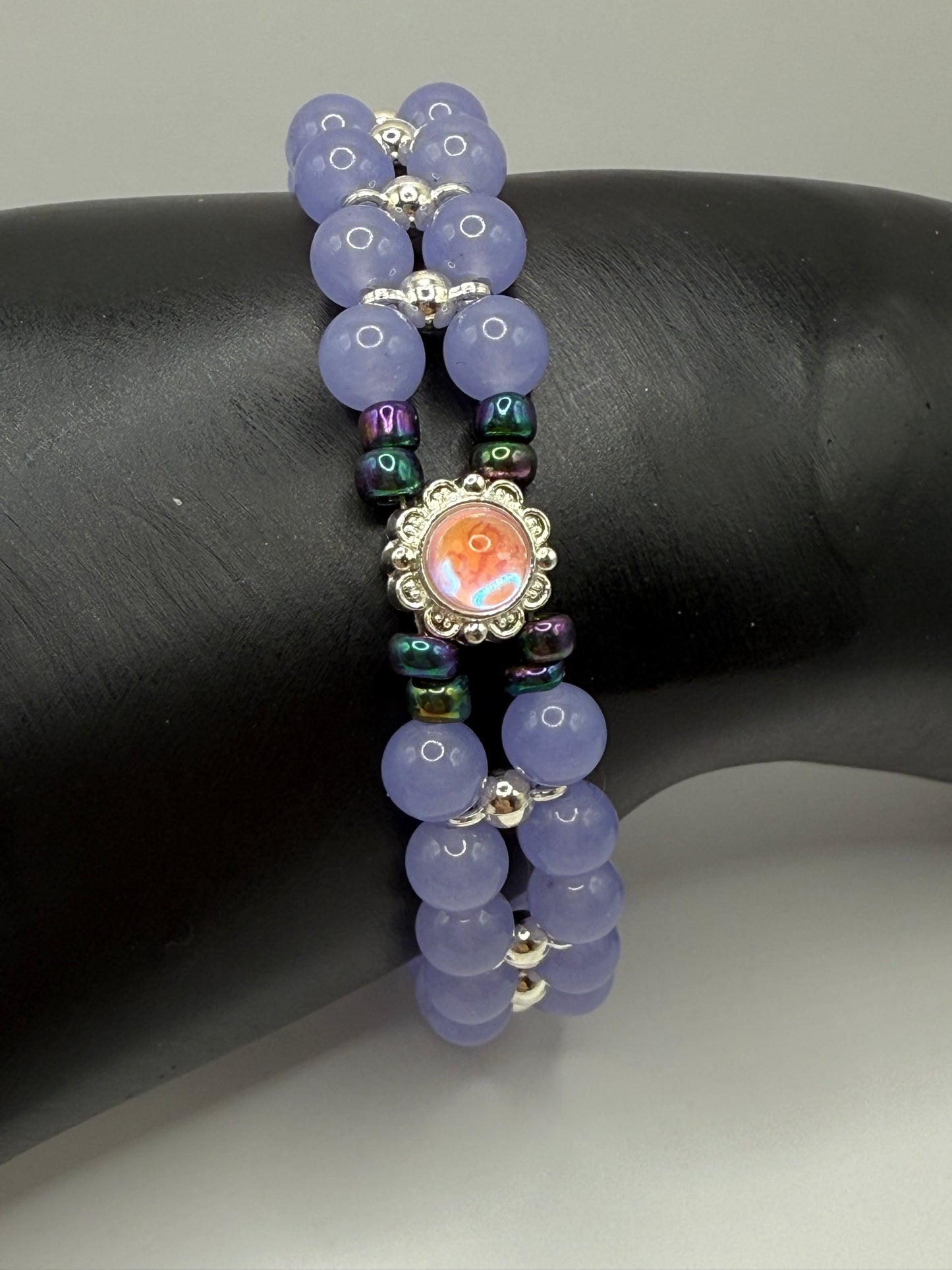 Handmade Lavender Beaded Bracelet with Opal Focal | 7.5” to 7.75” Double Strand Beaded Jewelry | Purple Glass Bracelet | Elegant Gift for Her