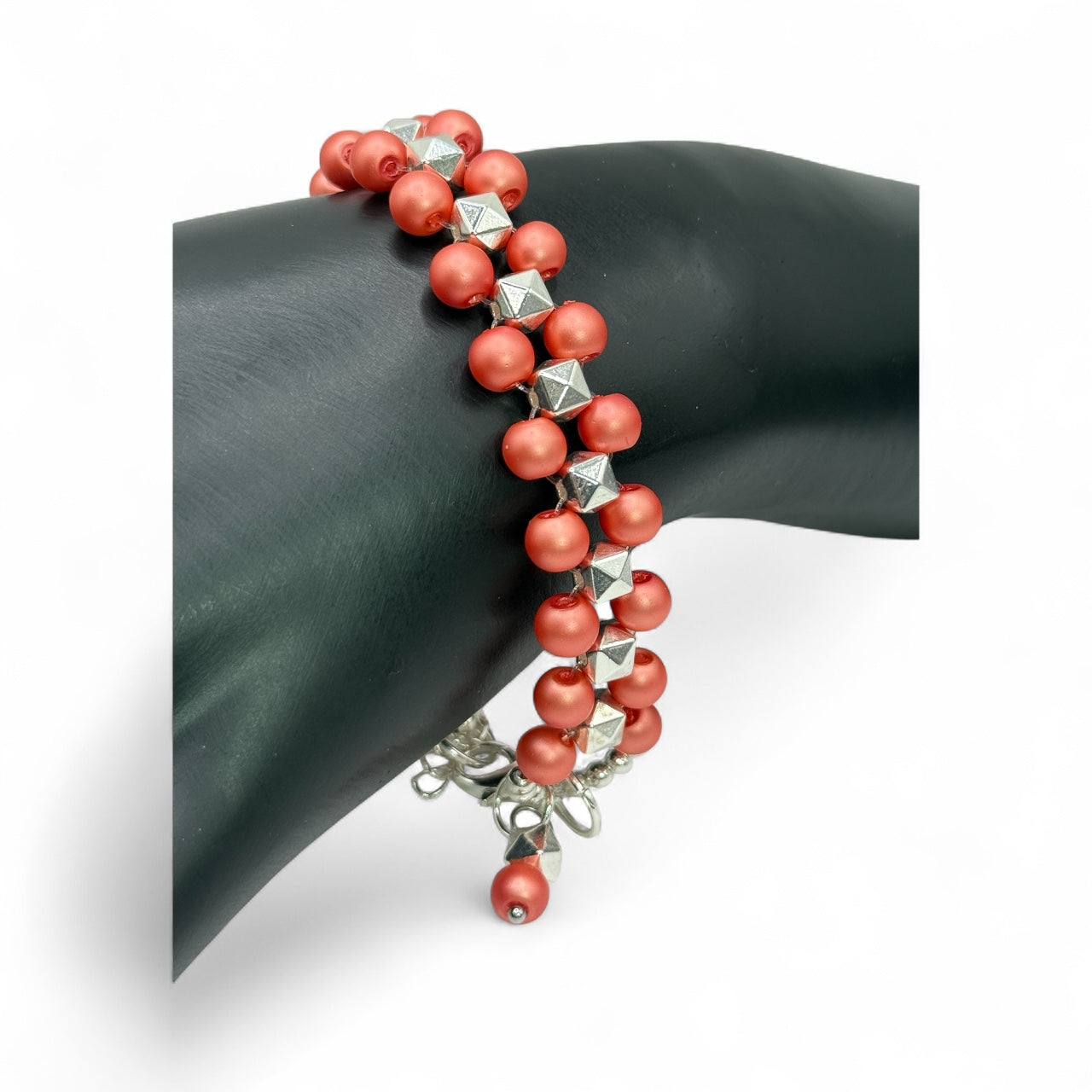 Salmon Pearl and Silver Pyramid Bead Bracelet | 7.5”-7.75” Double Strand Clasp Bracelet | Handmade Jewelry Gift for Her