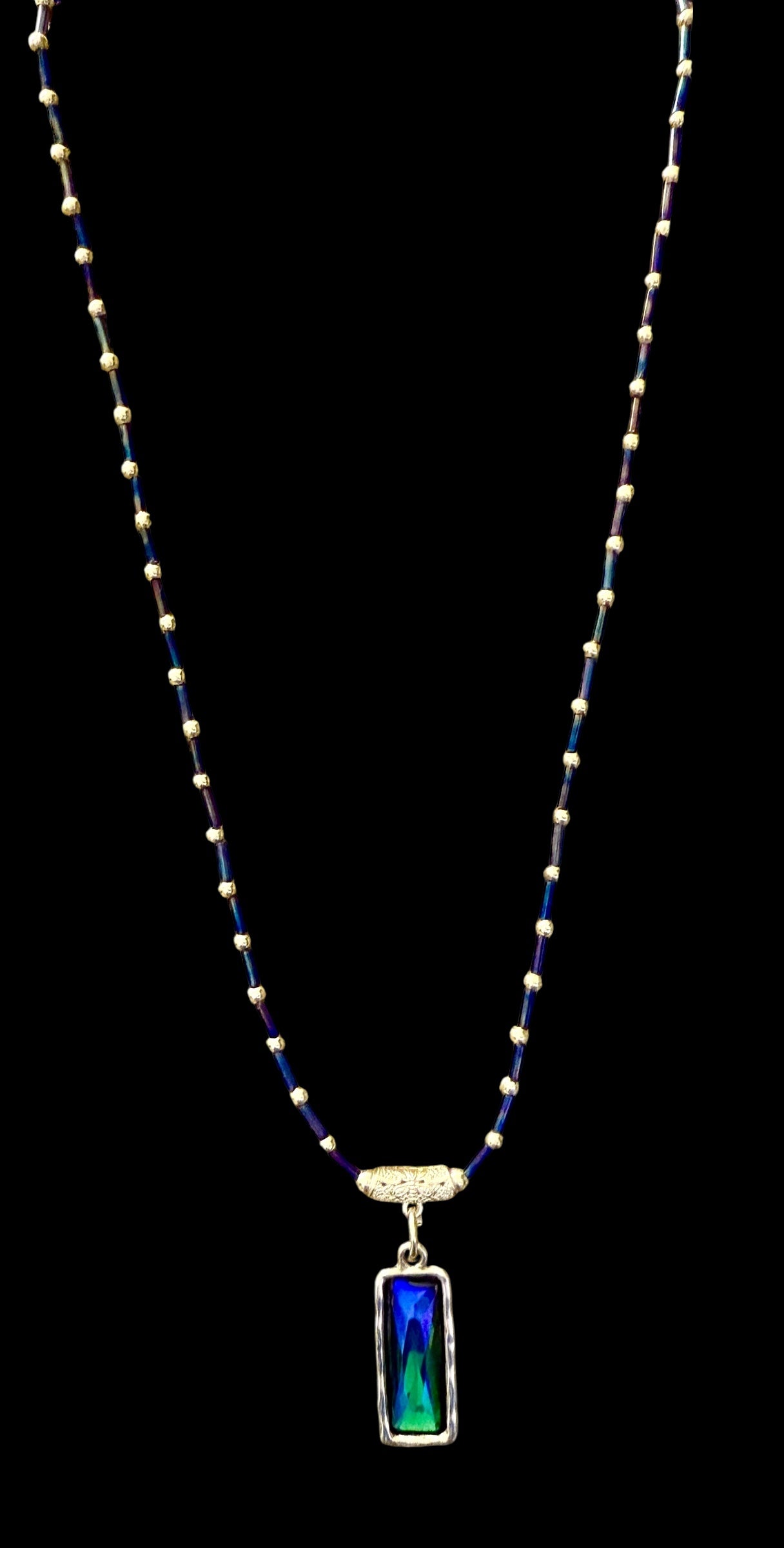 22” Blue Beaded Pendant Necklace with Green & Blue Rectangle Crystal | Handmade Boho Jewelry | Statement Necklace Gift for Her