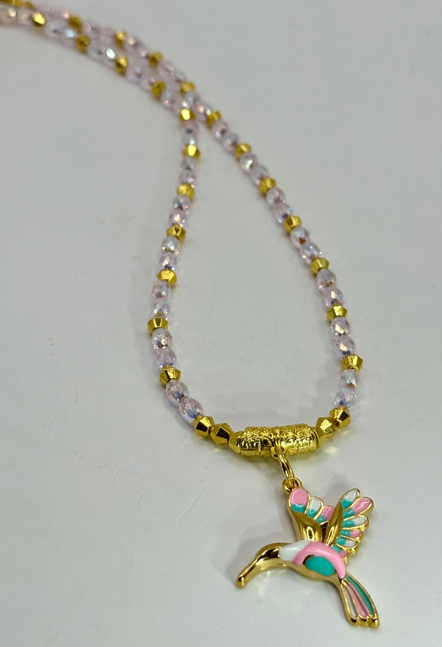 Pink Faceted Glass Necklace with Hummingbird Pendant – 18” Sparkly Beaded Necklace with Gold Accents – Free Matching Earrings Included