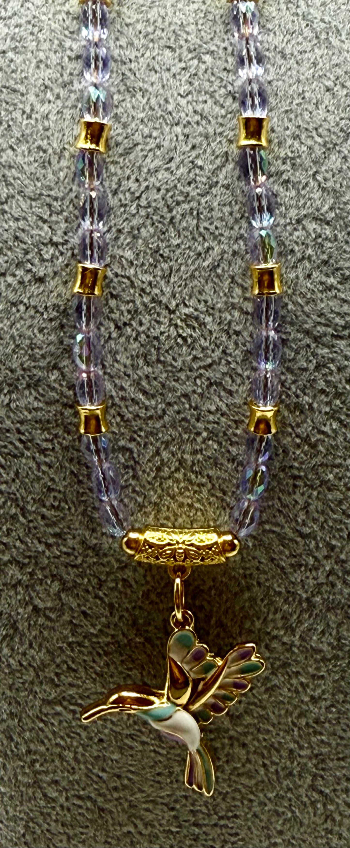 Purple Faceted Glass Necklace with Hummingbird Pendant – 18” Sparkly Beaded Necklace with Gold Accents – Free Matching Earrings Included