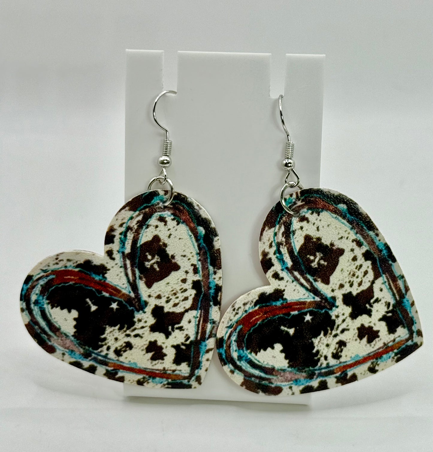 Cowprint Heart Earrings – Faux Leather Dangle Earrings, Western Boho Jewelry, Lightweight Statement Earrings, Gift for Her