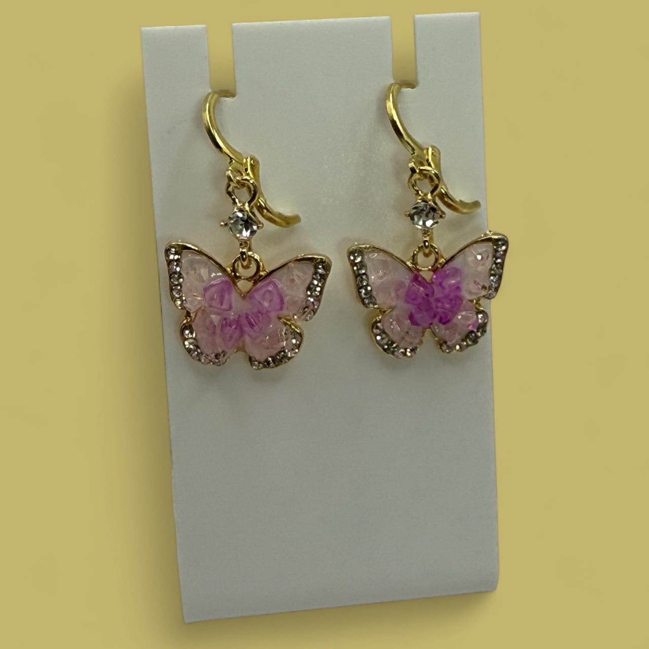 Pink Butterfly Dangle Earrings – Gold & Rhinestone Sparkle Jewelry