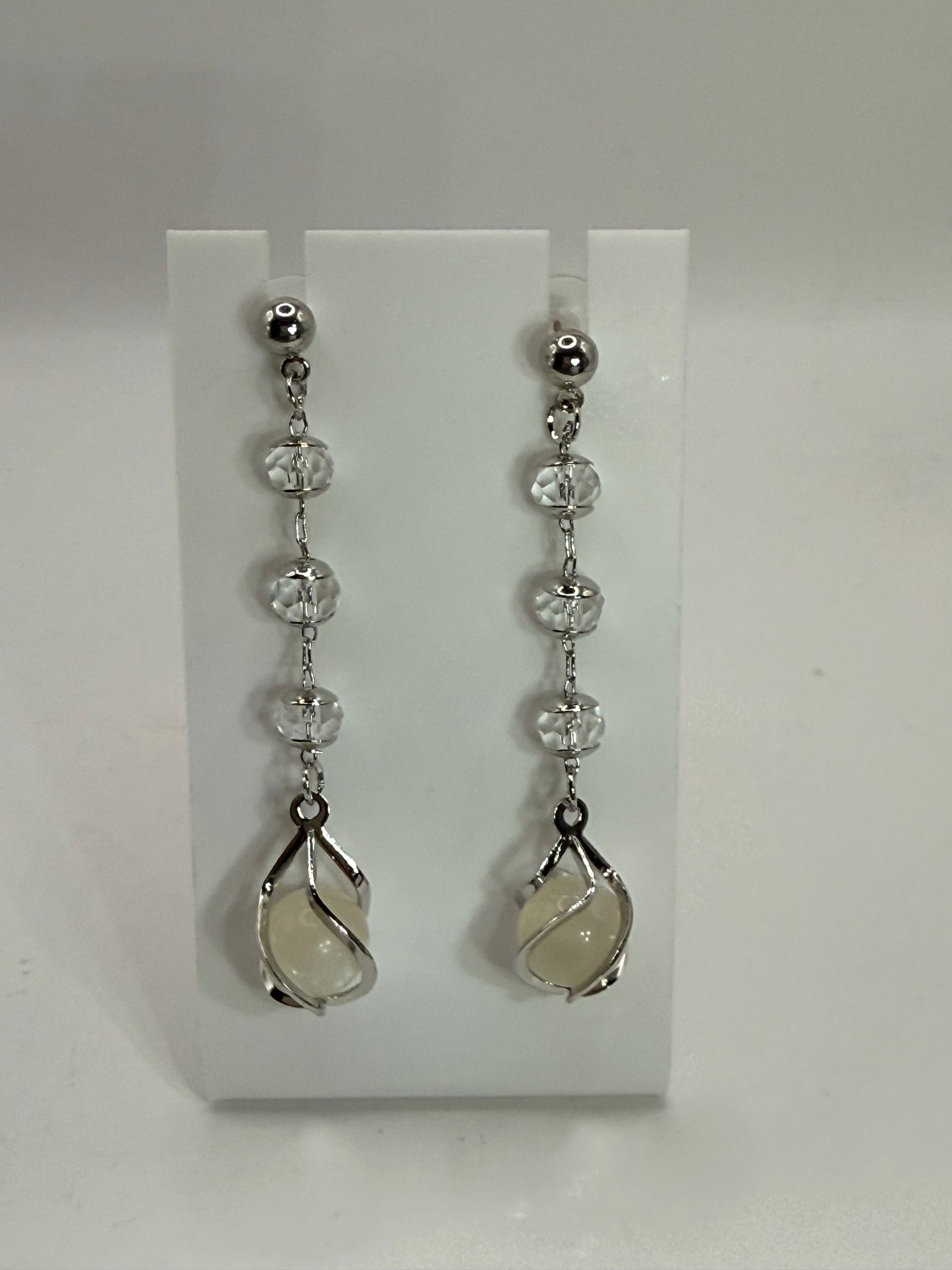Crystal Bead and White Stone Drop Earrings – Silver Long Dangle Jewelry