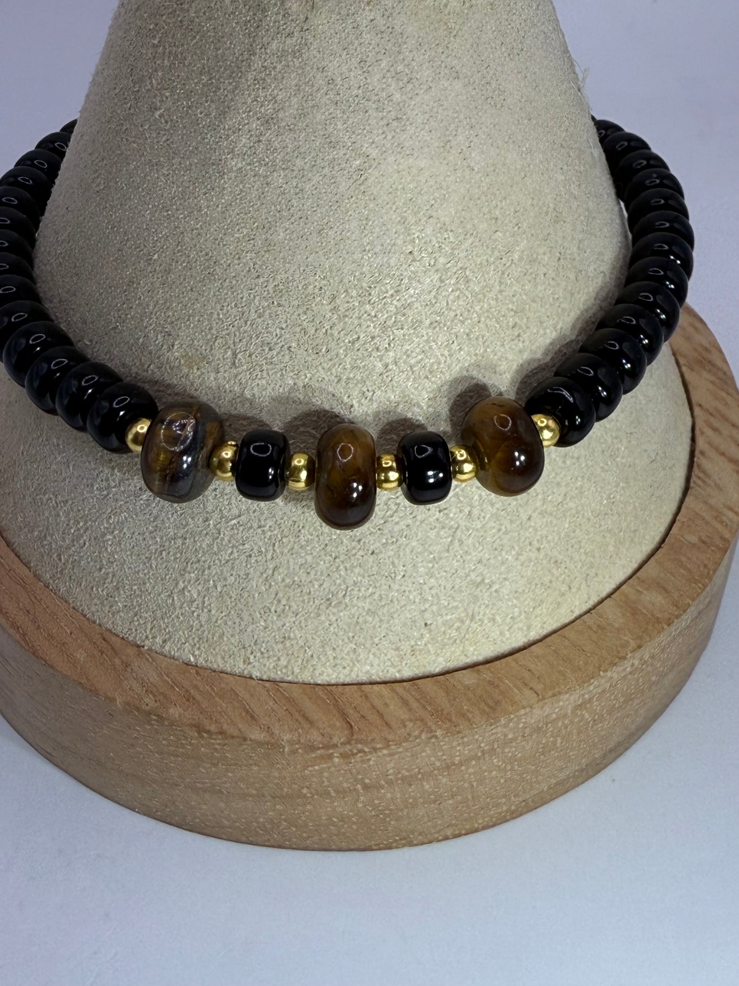 Unisex Tiger Eye & Onyx Stretch Bracelet | 7” Handmade Beaded Jewelry | Protection & Strength Gift
