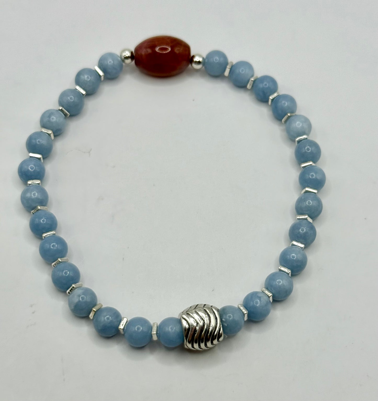 Angelite & Coral Jade Bracelet – 8” Stretch – Blue Healing Stone Jewelry – Gemstone Bracelet with Free Resizing – Handmade Gift