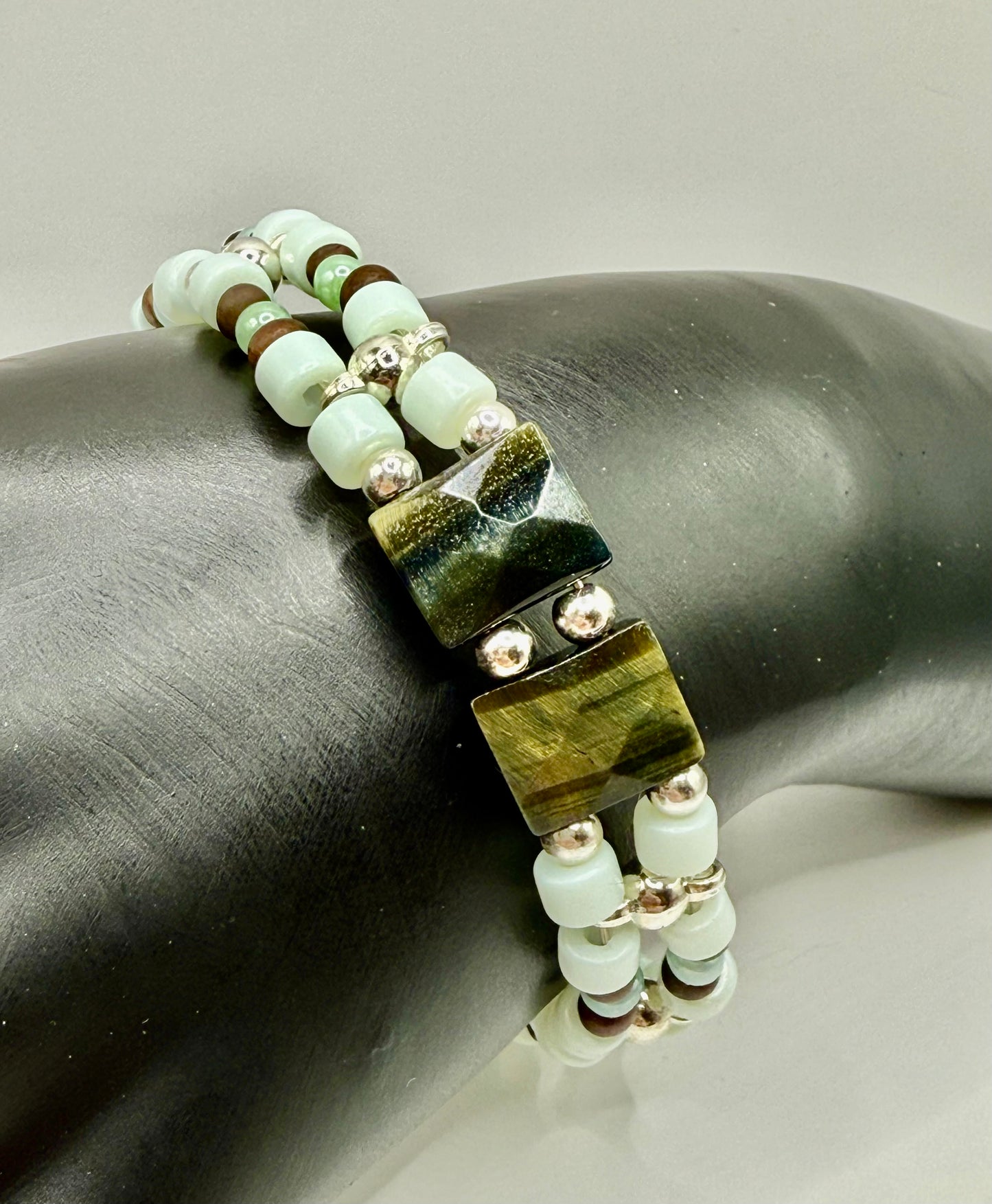 7.75” Double Banded Tiger Eye Clasp Bracelet – Flashing Gemstone, Handmade Boho Jewelry