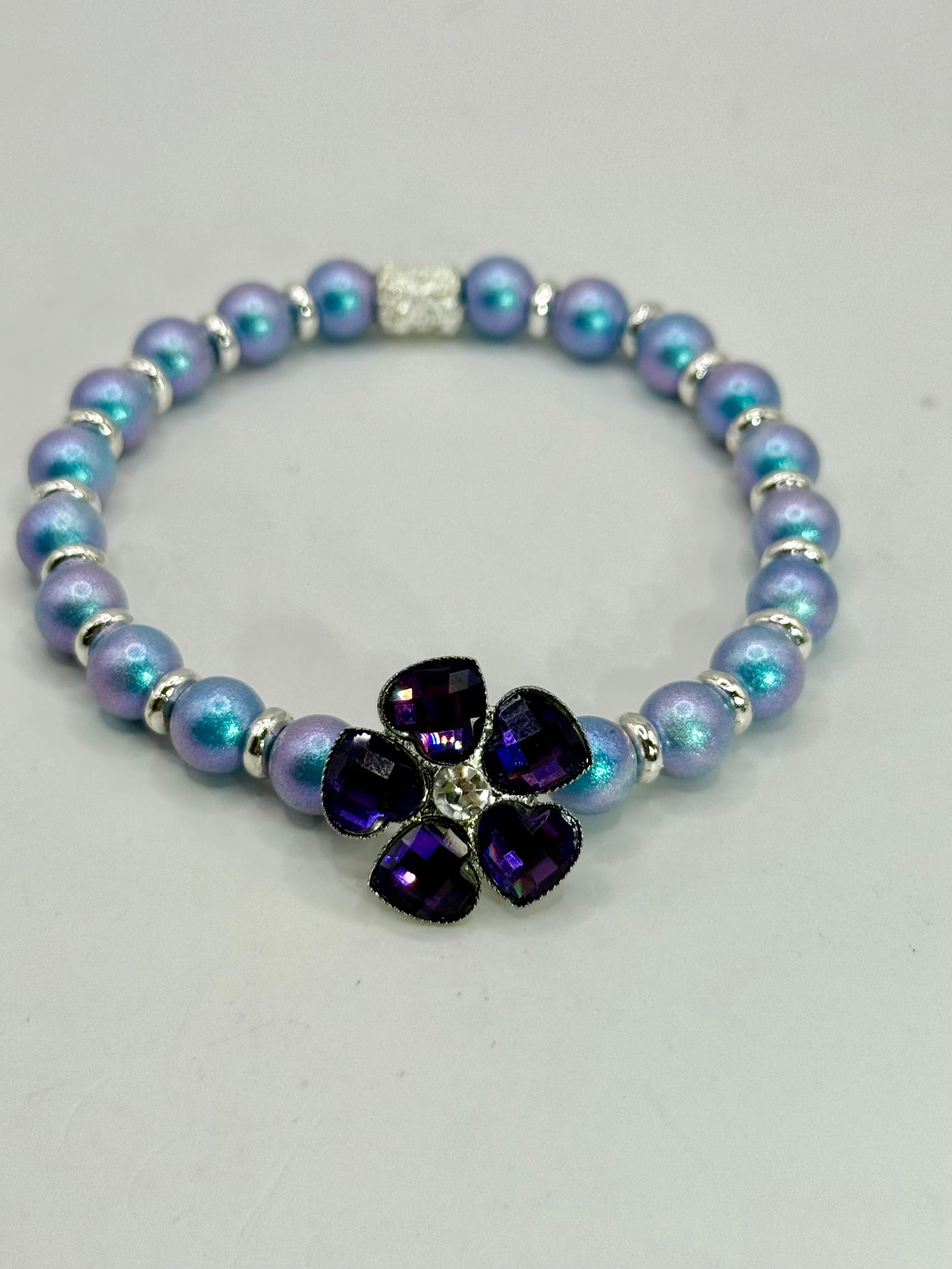 Purple Flower Bracelet – 7.75” Stretch Bracelet | Handmade Beaded Jewelry | Violet Crystal Floral Bracelet | Gift for Her