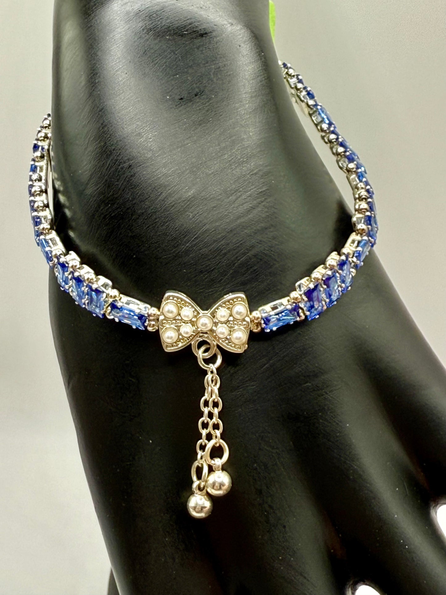Blue Rhinestone Bow Bracelet – 7.5” – Elegant Crystal Bracelet with Pearl Accent Bow Clasp – Sparkling Gift for Her