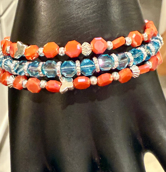 Wrap Bracelet - Tropical Orange and Blue with Butterfly accents