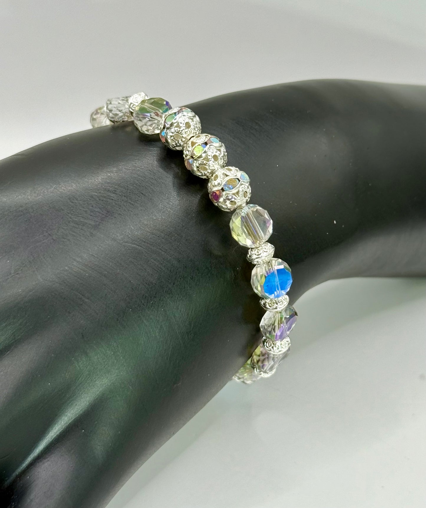 Iridescent Crystal Glass Bead Bracelet with Silver Accents | 7.5” Clasp | Handmade Jewelry Gift