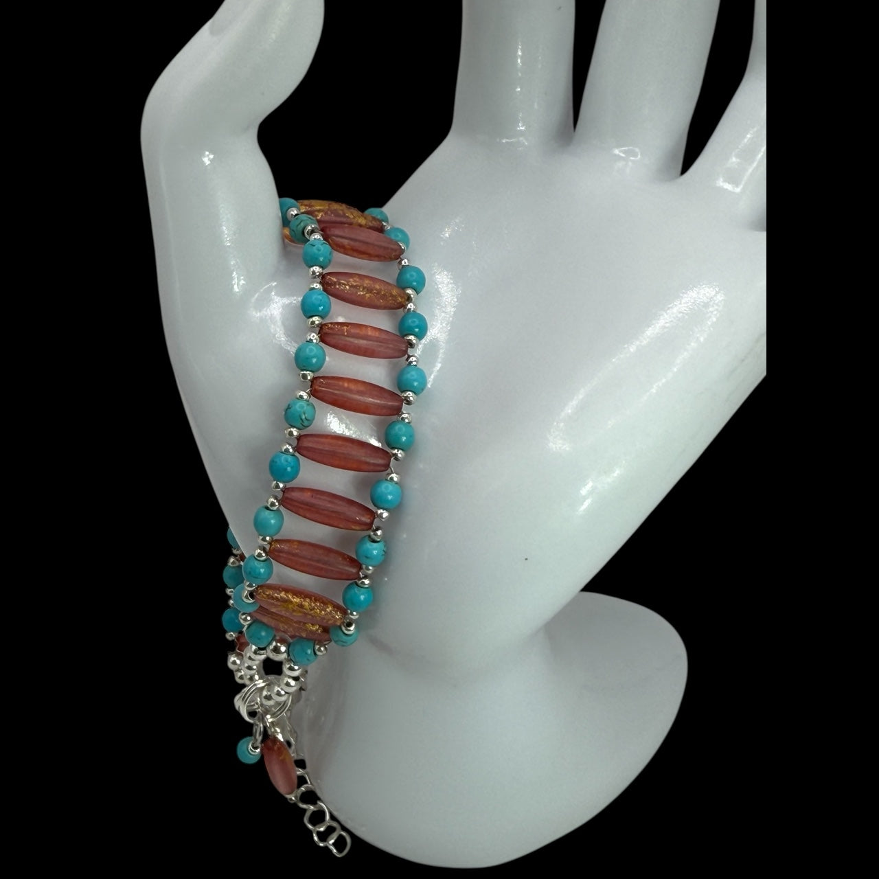 Handmade Turquoise Howlite & Golden Orange Rice Bead Bracelet – 7.5” Adjustable Clasp | Southwest Boho Jewelry