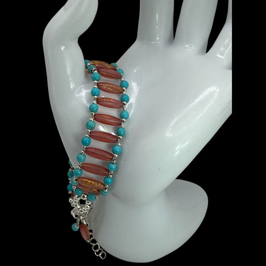Handmade Turquoise Howlite & Golden Orange Rice Bead Bracelet – 7.5” Adjustable Clasp | Southwest Boho Jewelry