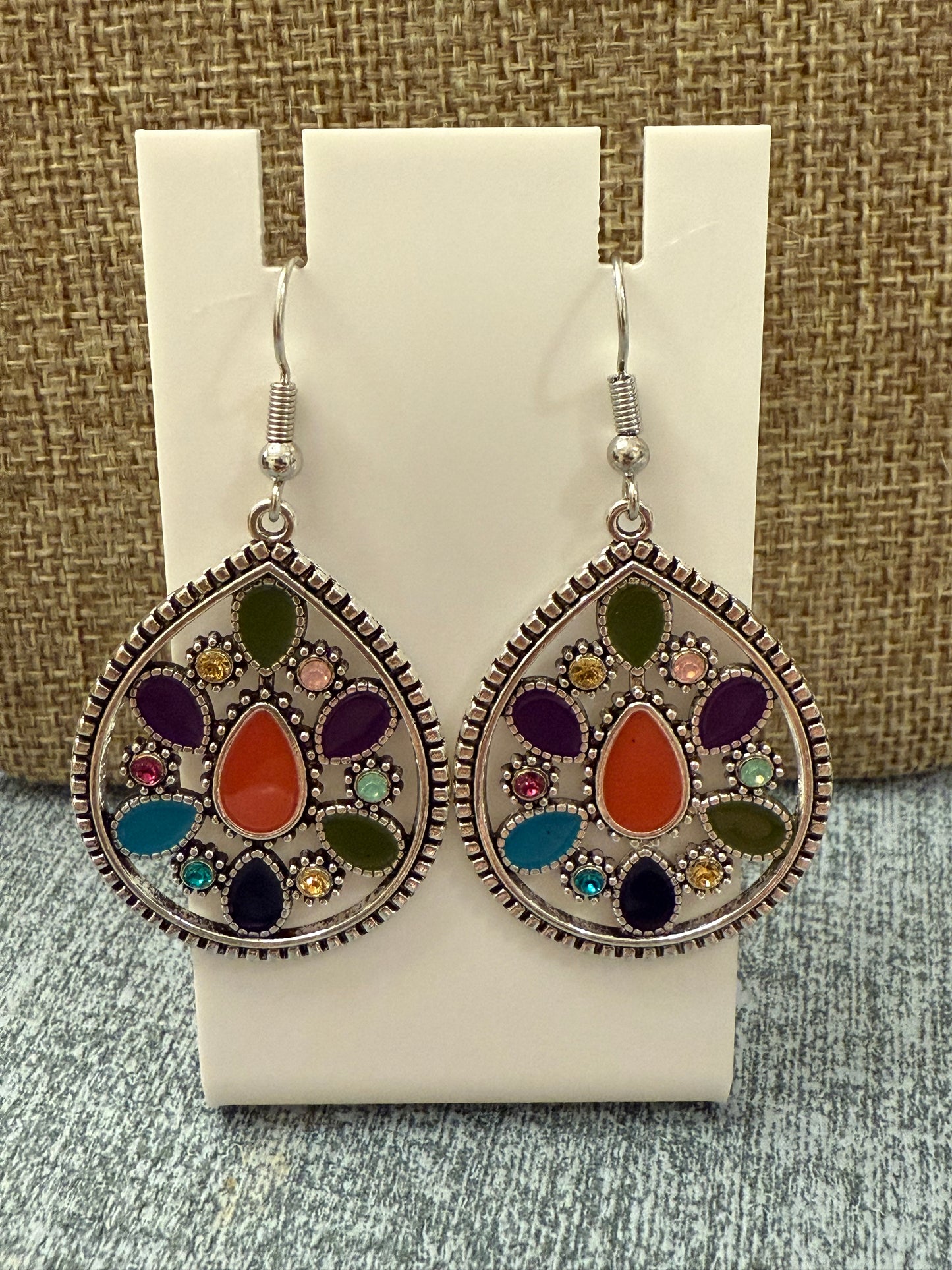 Multicolor Teardrop Boho Dangle Earrings | Southwestern Mosaic Statement Drops | Colorful Silver-Tone Hooks | Gift for Her
