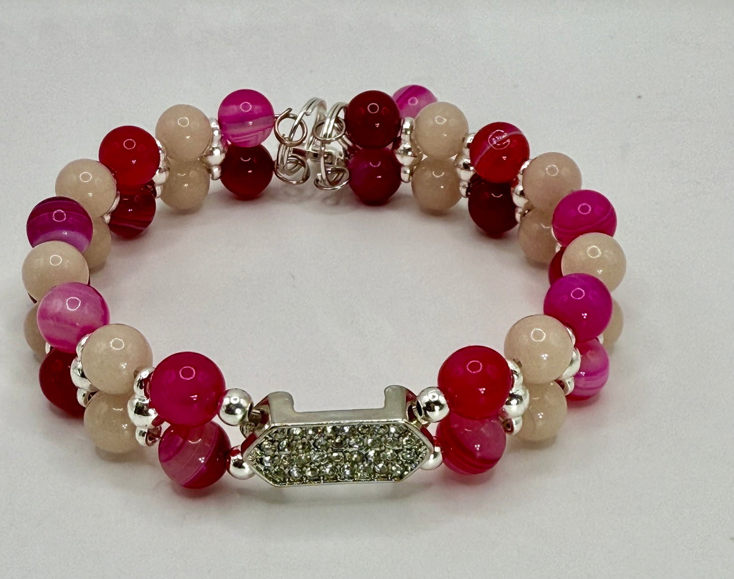 Banded Pink Agate & Luminous Stone Double Bracelet | 8” Adjustable Glow in the Dark Jewelry