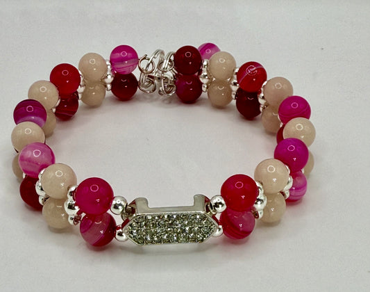 Banded Pink Agate & Luminous Stone Double Bracelet | 8” Adjustable Glow in the Dark Jewelry