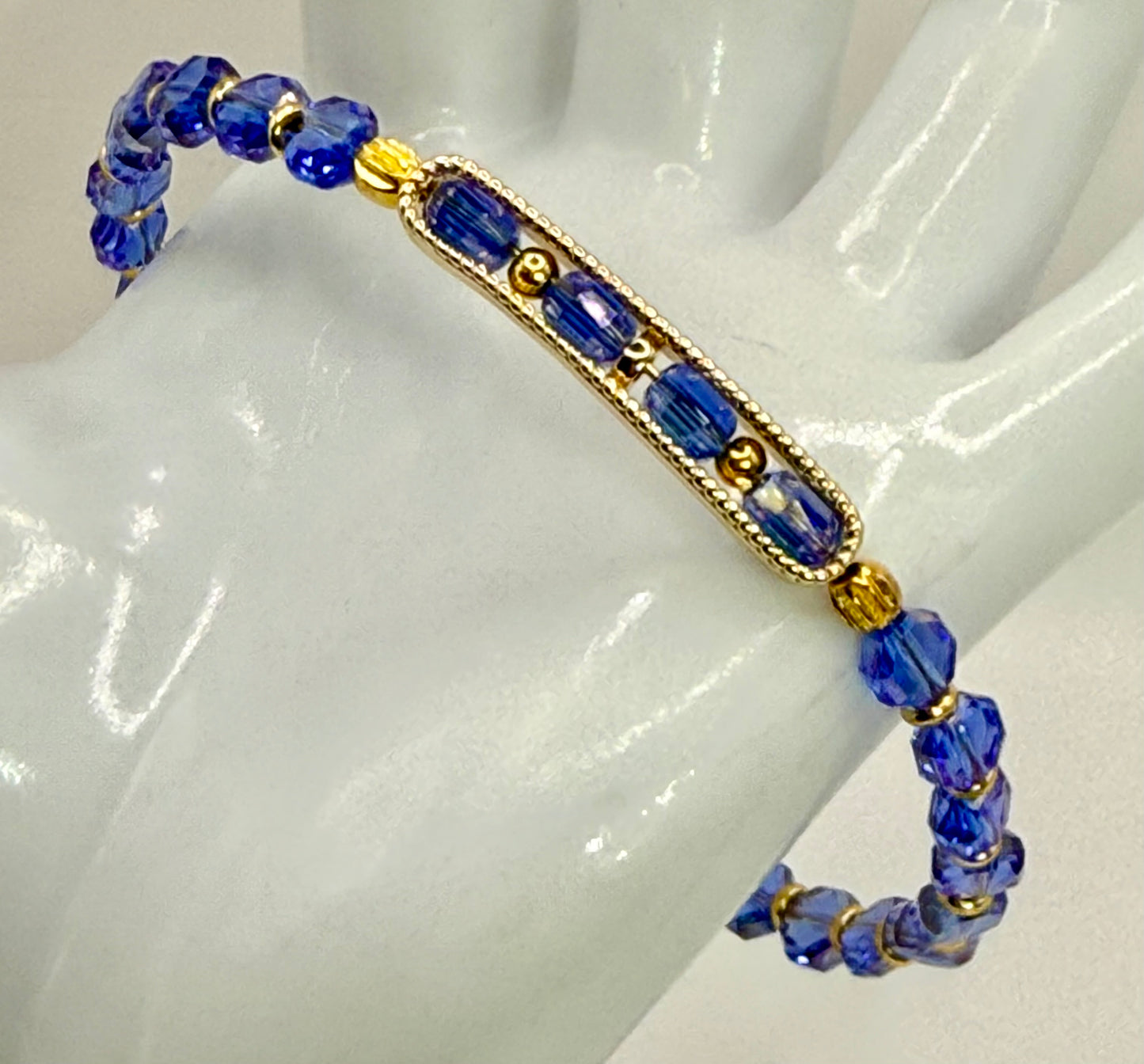 Royal Blue Faceted Glass Bracelet 7.75" • Handmade Gold Bar Bracelet