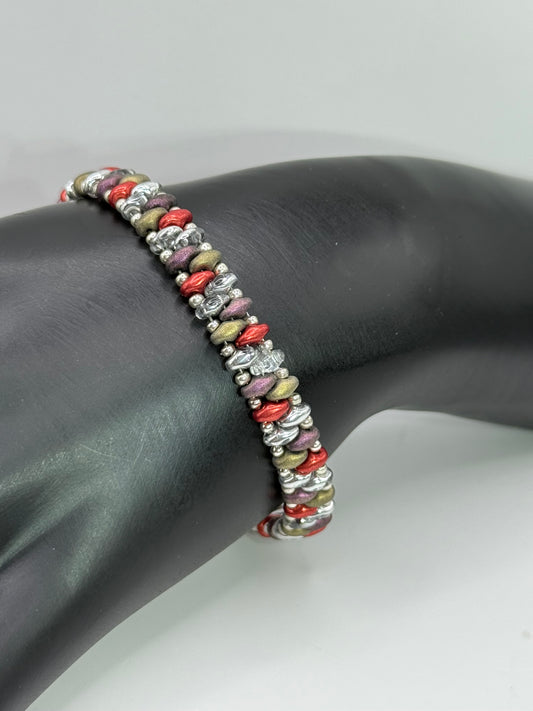 Autumn Inspired Beaded Bracelet – 8” Micro Bead Clasp – Red, Olive, Silver, Purple – Handmade Jewelry