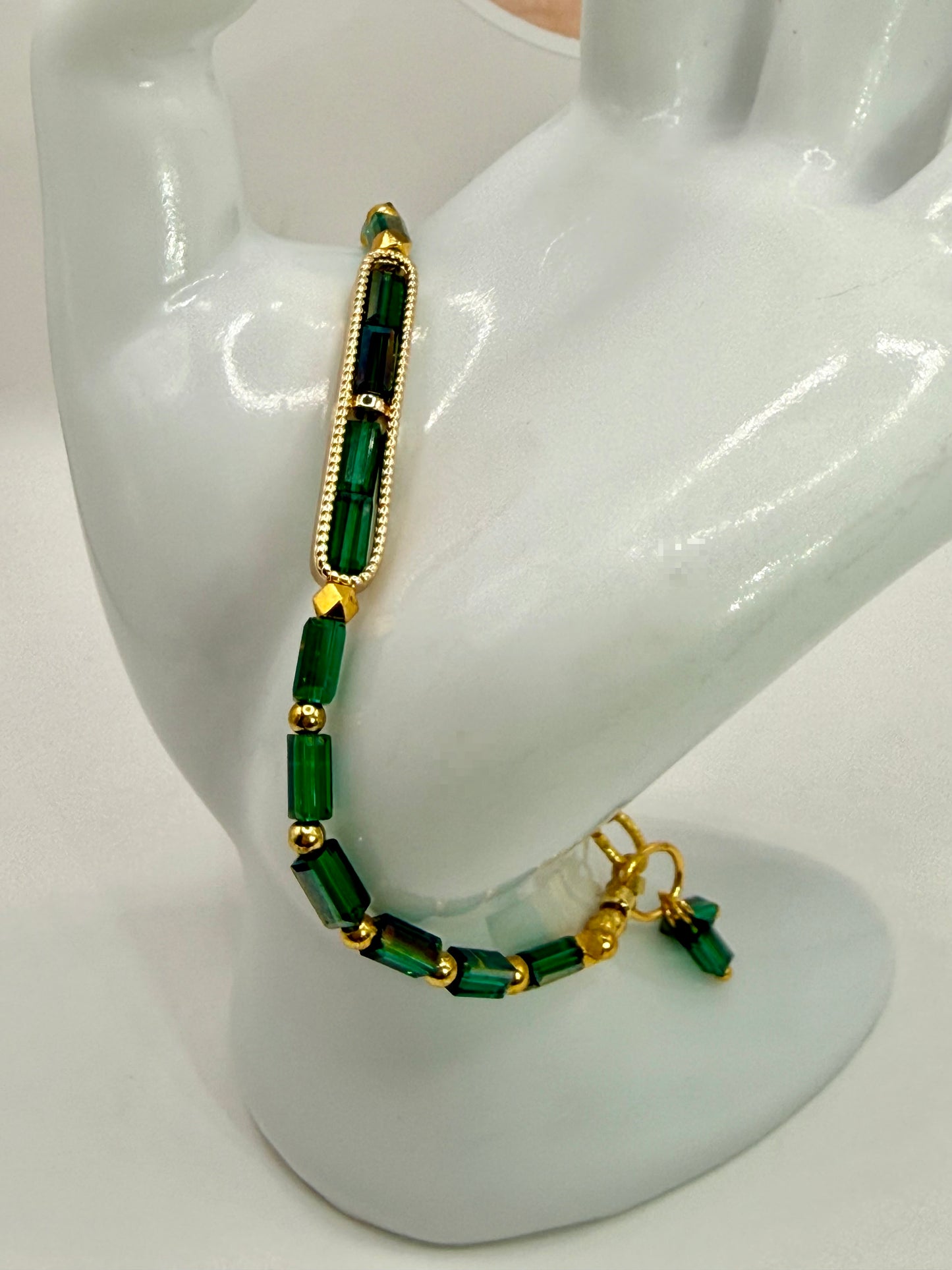Emerald Green Glass Bracelet 7.5"• Handmade Gold Bar Bracelet • Minimalist Statement Jewelry