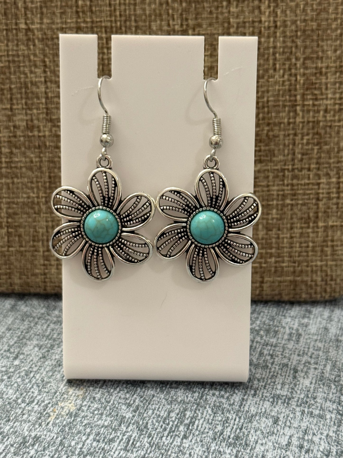 Turquoise Howlite Flower Earrings | Boho Floral Dangle Drops | Silver-Tone Western Jewelry | Gift for Her