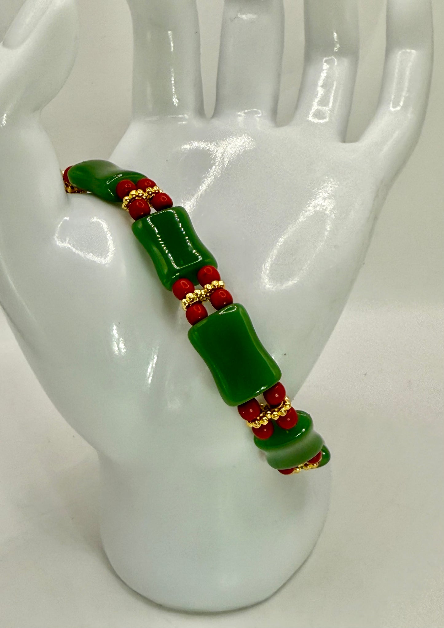 Green Jade & Red Accent Stretch Bracelet – 7.75”