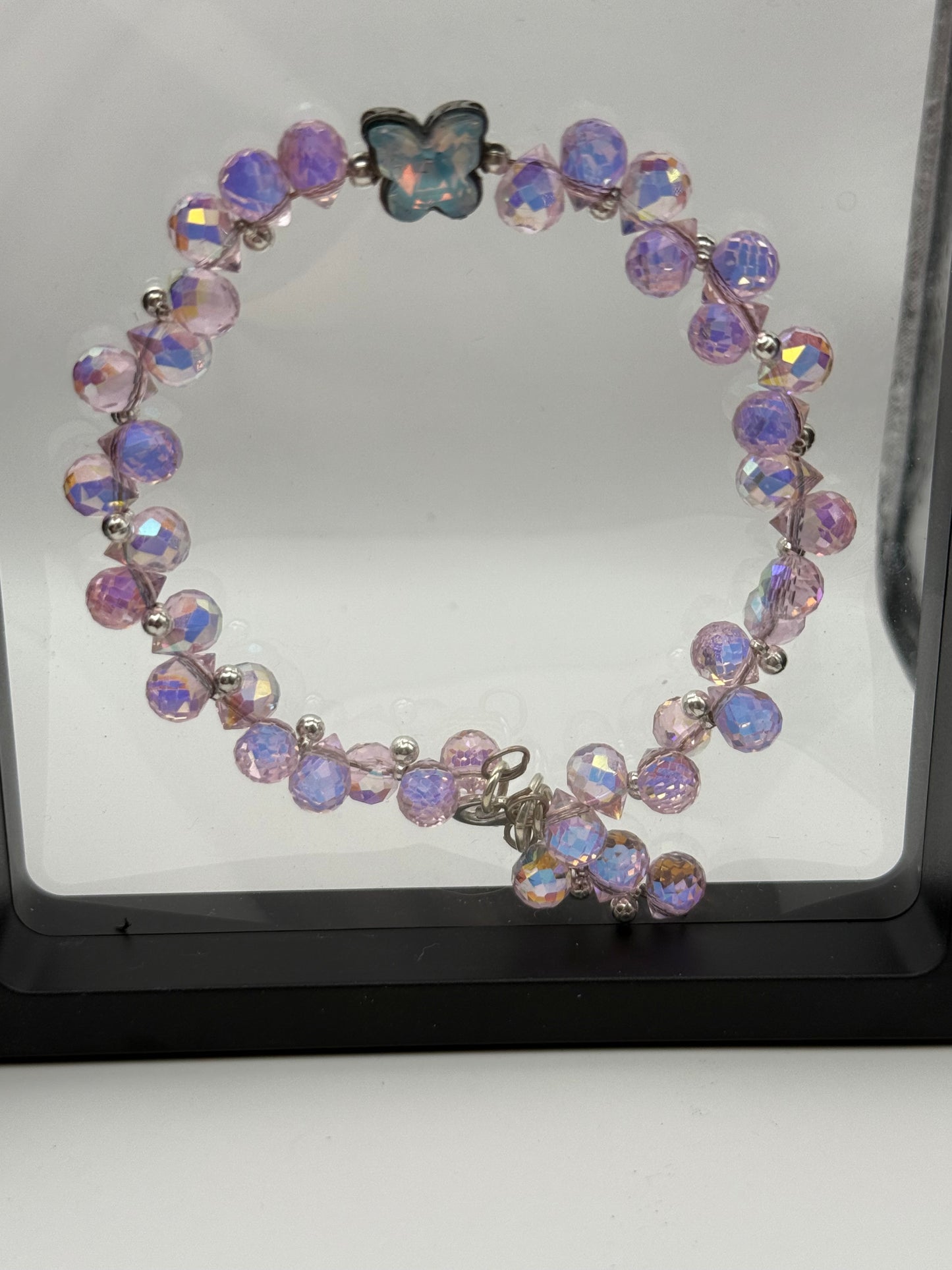Pink Faceted Disco Cut Bracelet with Butterfly Focal 7.75"-8"