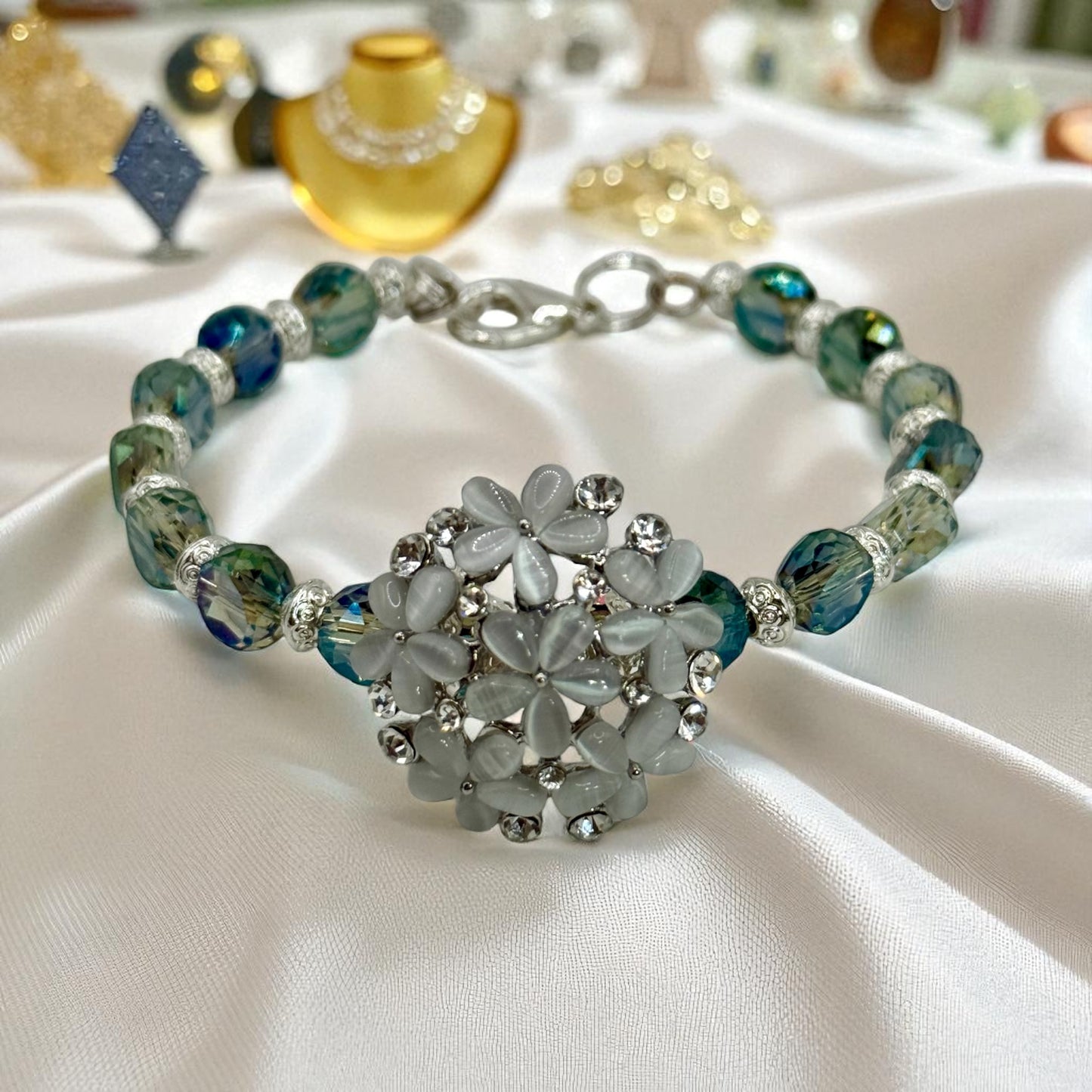 White Floral Crystal Bracelet – 7.5” Beaded Clasp Bracelet | Handmade Jewelry | Sparkling Gift for Her