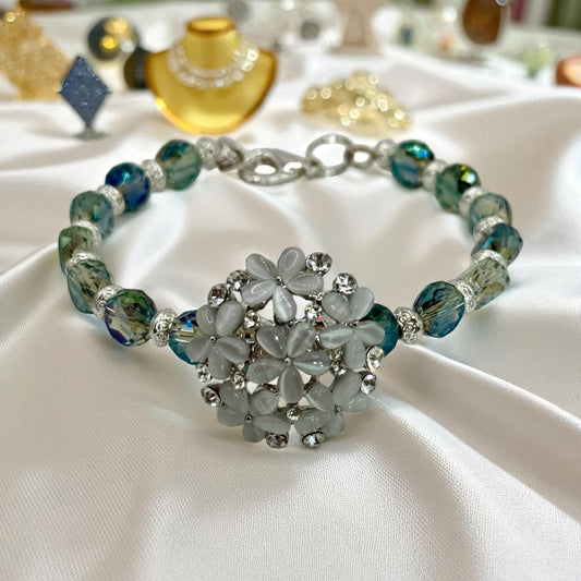White Floral Crystal Bracelet – 7.5” Beaded Clasp Bracelet | Handmade Jewelry | Sparkling Gift for Her