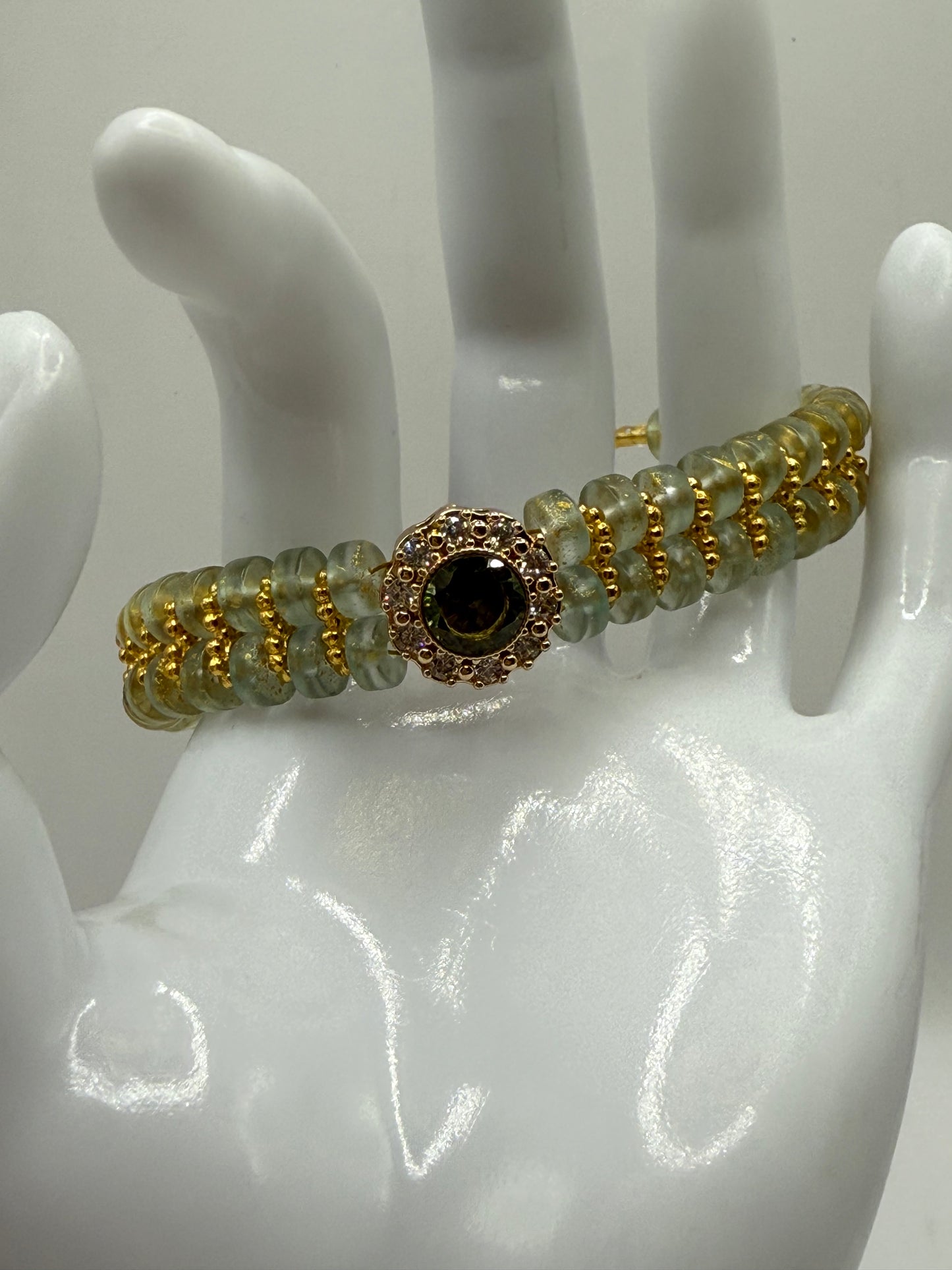 Elegant Glass Bead Bracelet – Light Green or Royal Blue with Gold Accents – Adjustable Clasp Handmade Jewelry Gift 7.5"-8.5" FREE Resizing upon purchase