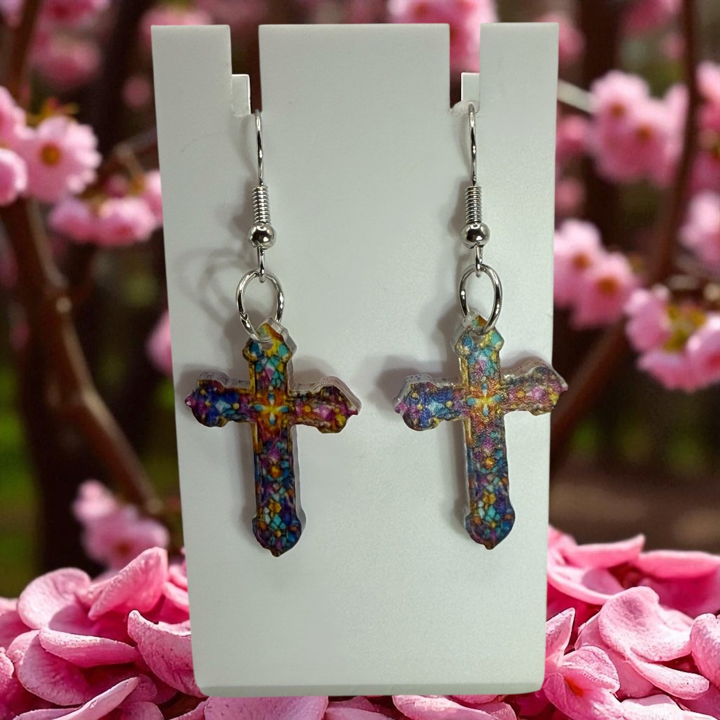 Colorful Mosaic Cross Earrings – Handmade Resin Dangle Jewelry – Unique Boho Gift