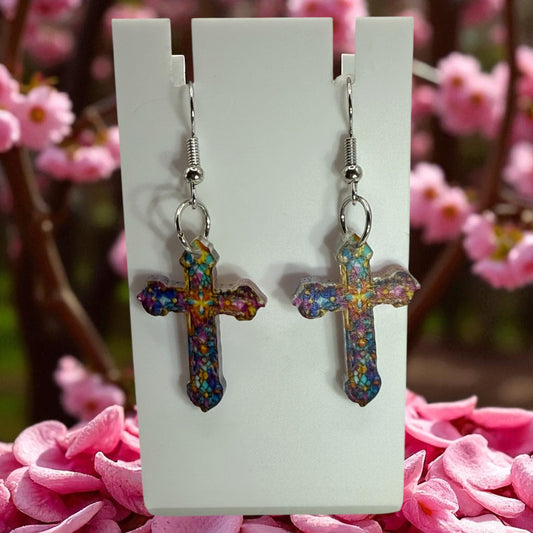 Colorful Mosaic Cross Earrings – Handmade Resin Dangle Jewelry – Unique Boho Gift