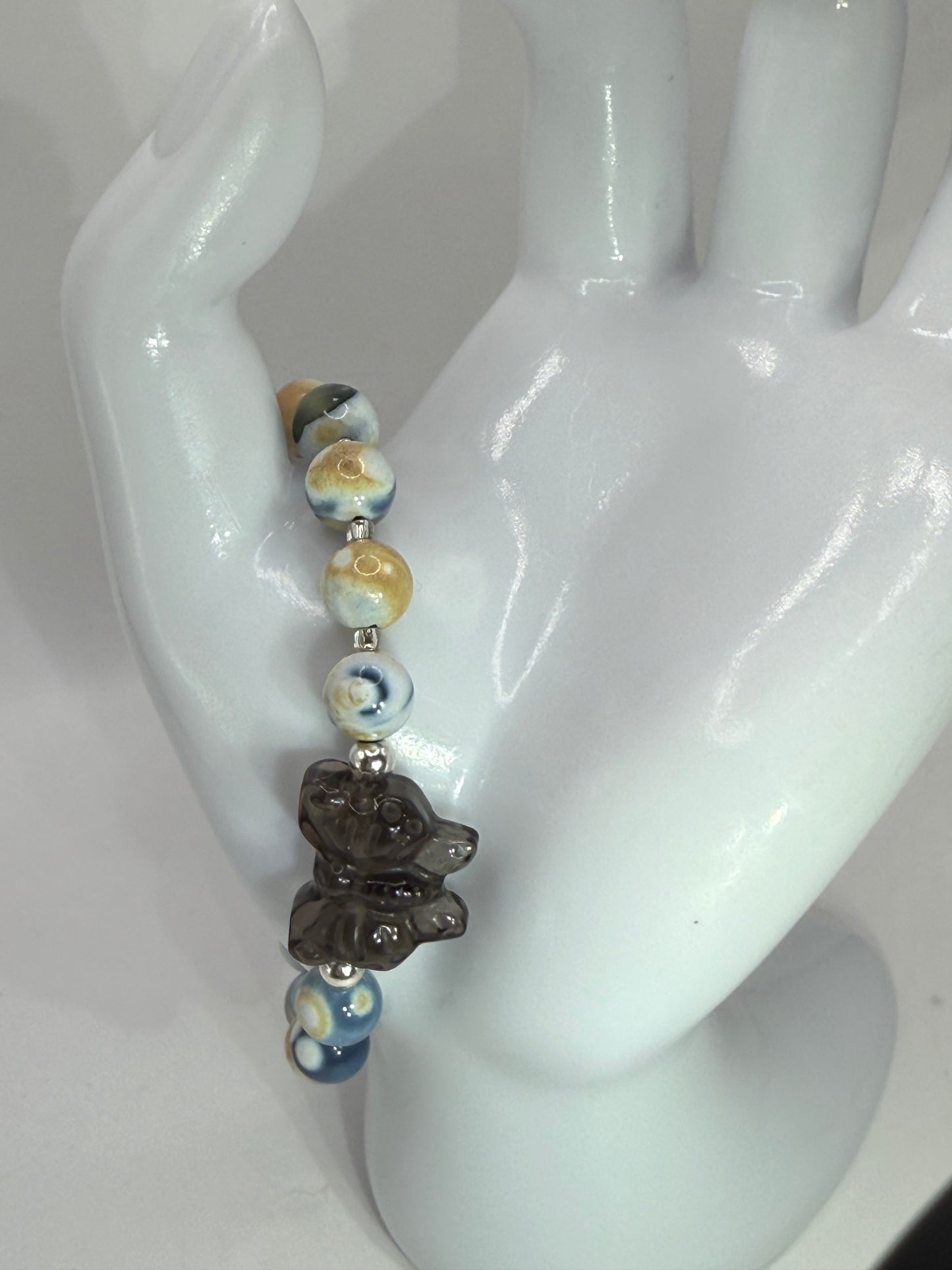 Orca Agate Bracelet with Smoky Quartz Butterfly Focal – 7” Clasp – Natural Gemstone Jewelry
