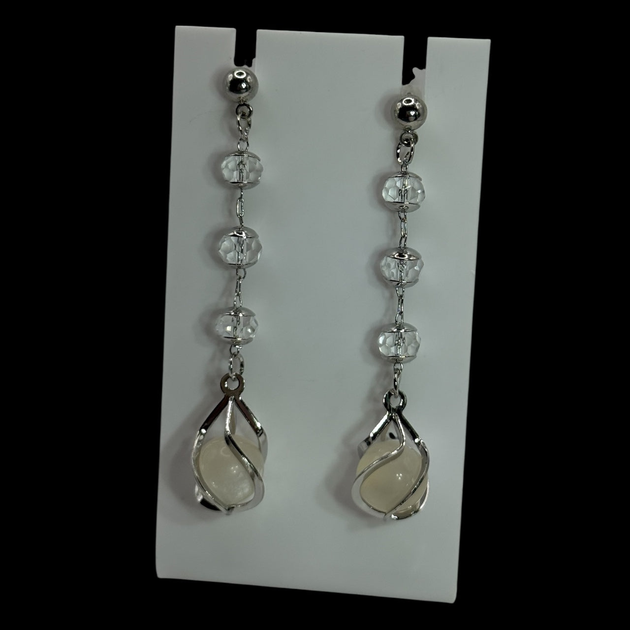Crystal Bead and White Stone Drop Earrings – Silver Long Dangle Jewelry