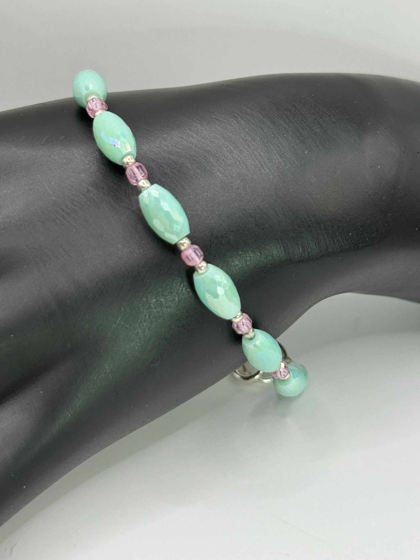 Handmade Seafoam Green & Pink Beaded Bracelet – 8” Faceted Glass Beads with Silver Clasp – Women’s Jewelry Gift