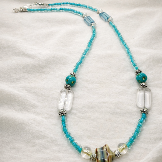 Handmade Glass Bead Necklace with Star Focal | 20” Turquoise Beaded Necklace | Coastal Boho Jewelry