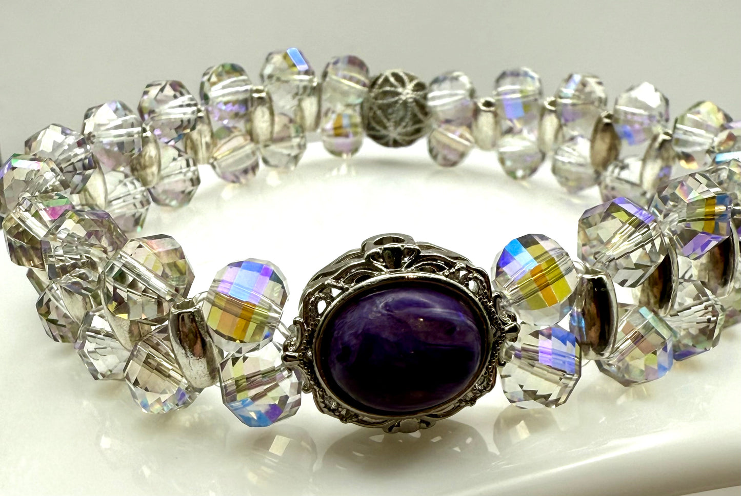 Faceted Disco Cut Double Strand Stretch Bracelet with Charoite Focal 7.50"