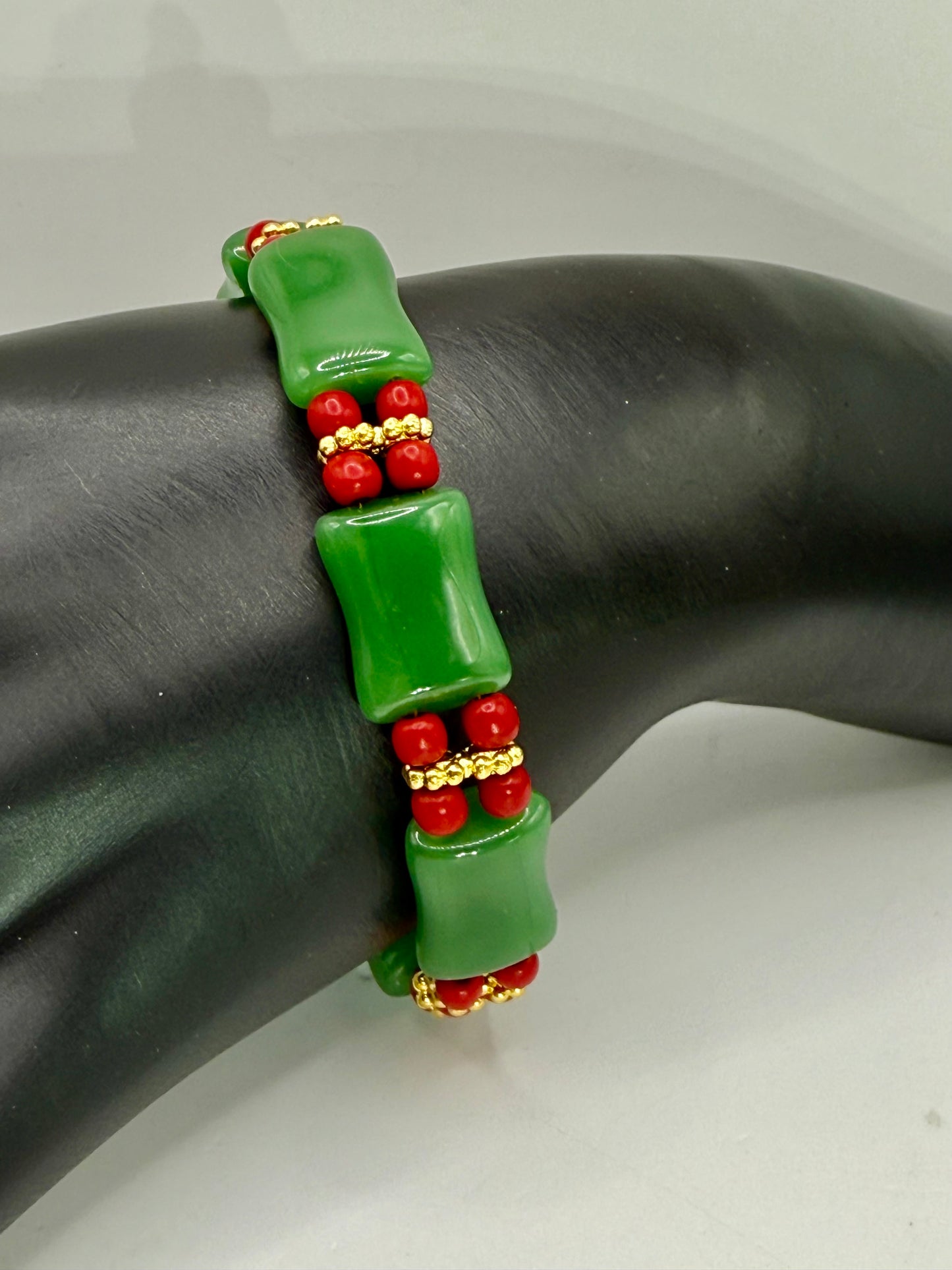 Green Jade & Red Accent Stretch Bracelet – 7.75”