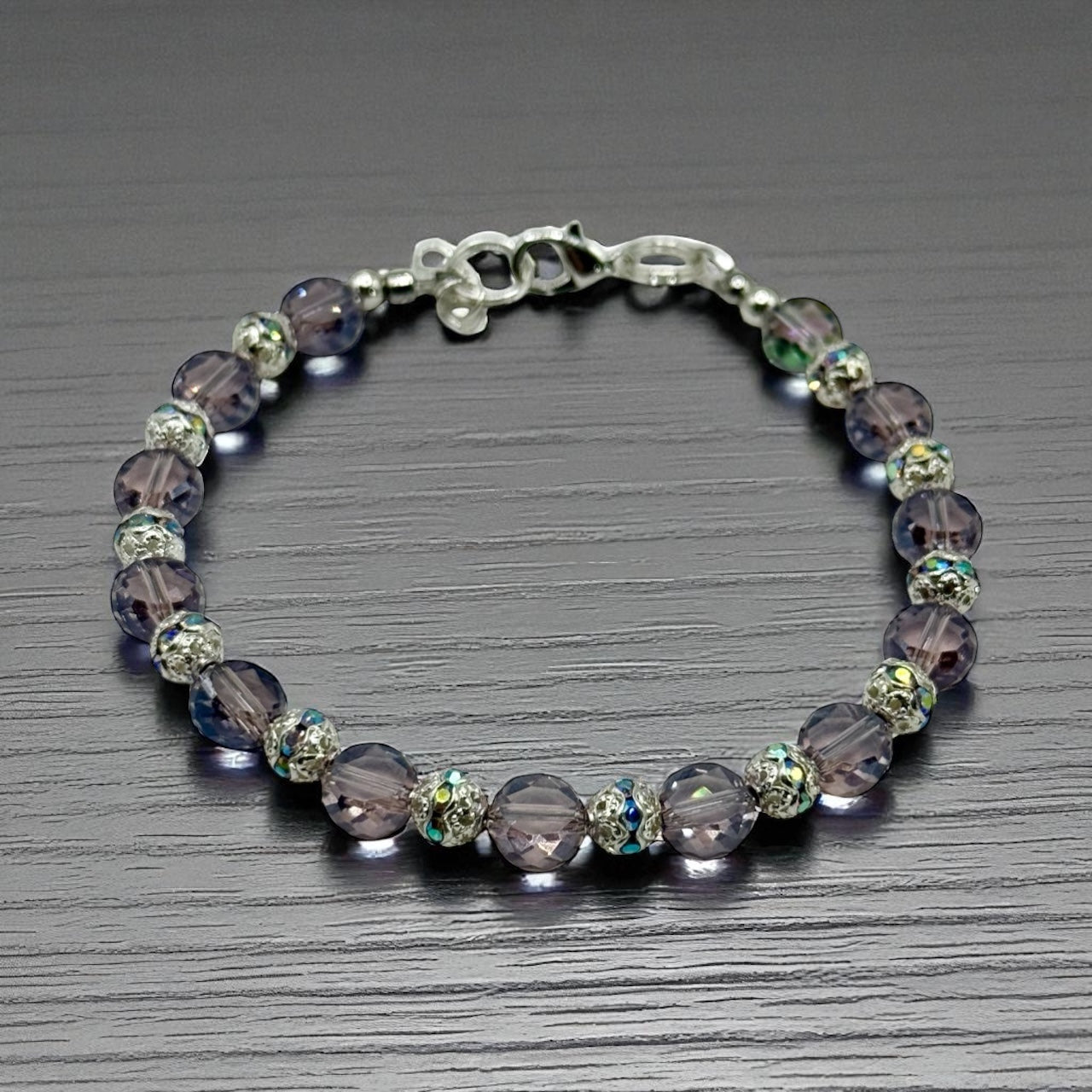 Violet Electroplated Glass Bracelet – 7.5” Clasp, Faceted Coin Beads, Handmade Jewelry Gift