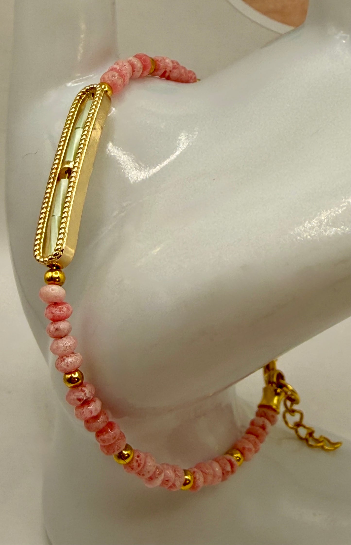 Pink Freckled Jade Donut Bead Bracelet, 7.75–8 Inch Beaded Bracelet, Handmade Jade Jewelry
